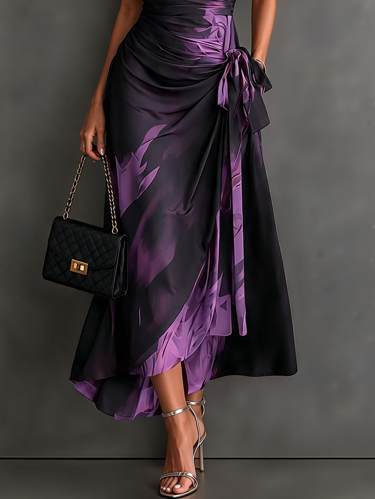 Brown Black Abstract Print Wrap Midi Dress Collared V Neck Short Sleeve Tie Waist Ruffled High‑Low Hem Dress
