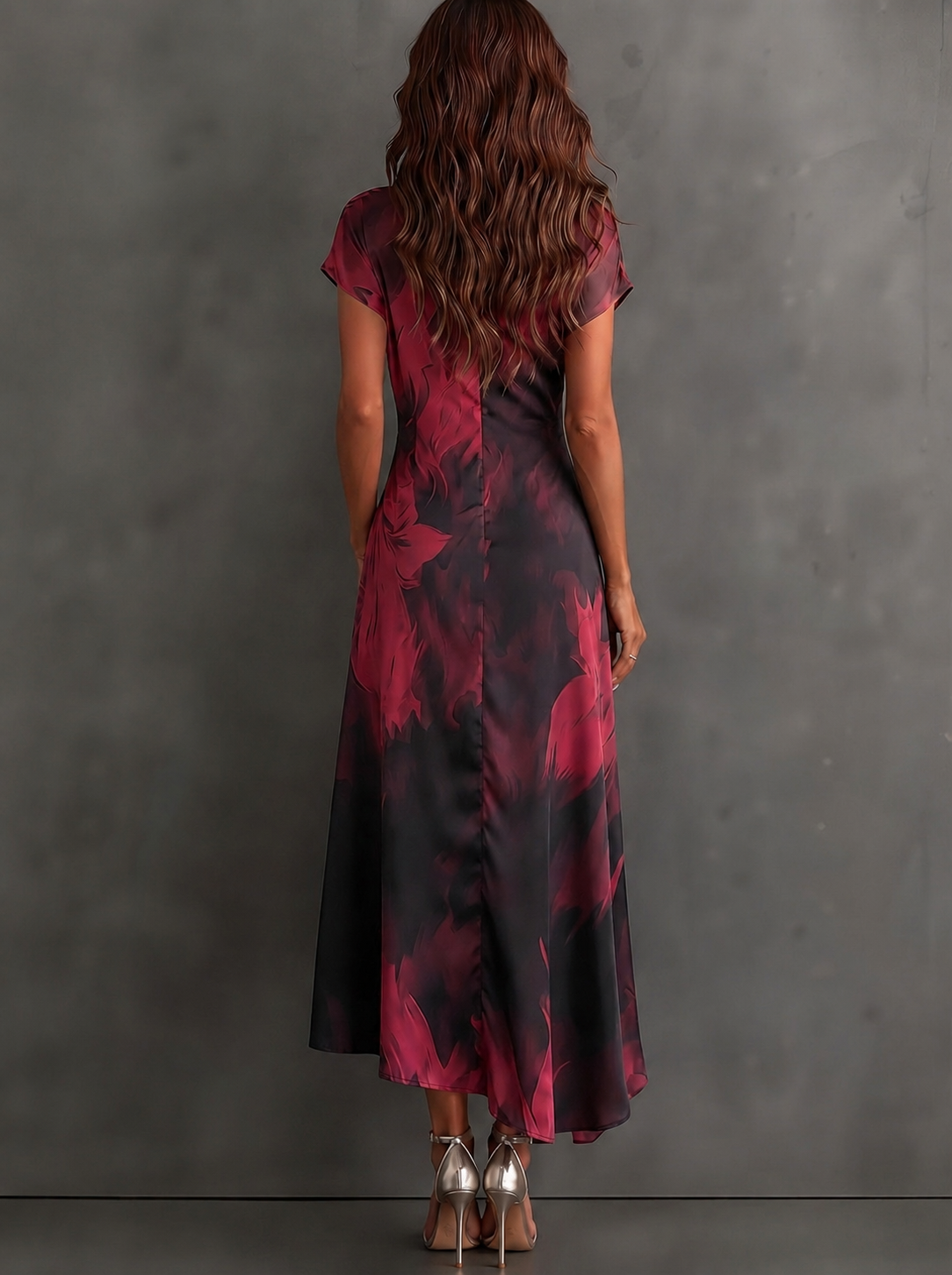 Brown Black Abstract Print Wrap Midi Dress Collared V Neck Short Sleeve Tie Waist Ruffled High‑Low Hem Dress
