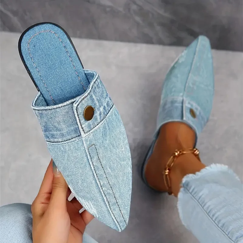 Demi | Women's Pointed Toe Denim Slip On Flat Mule Slides