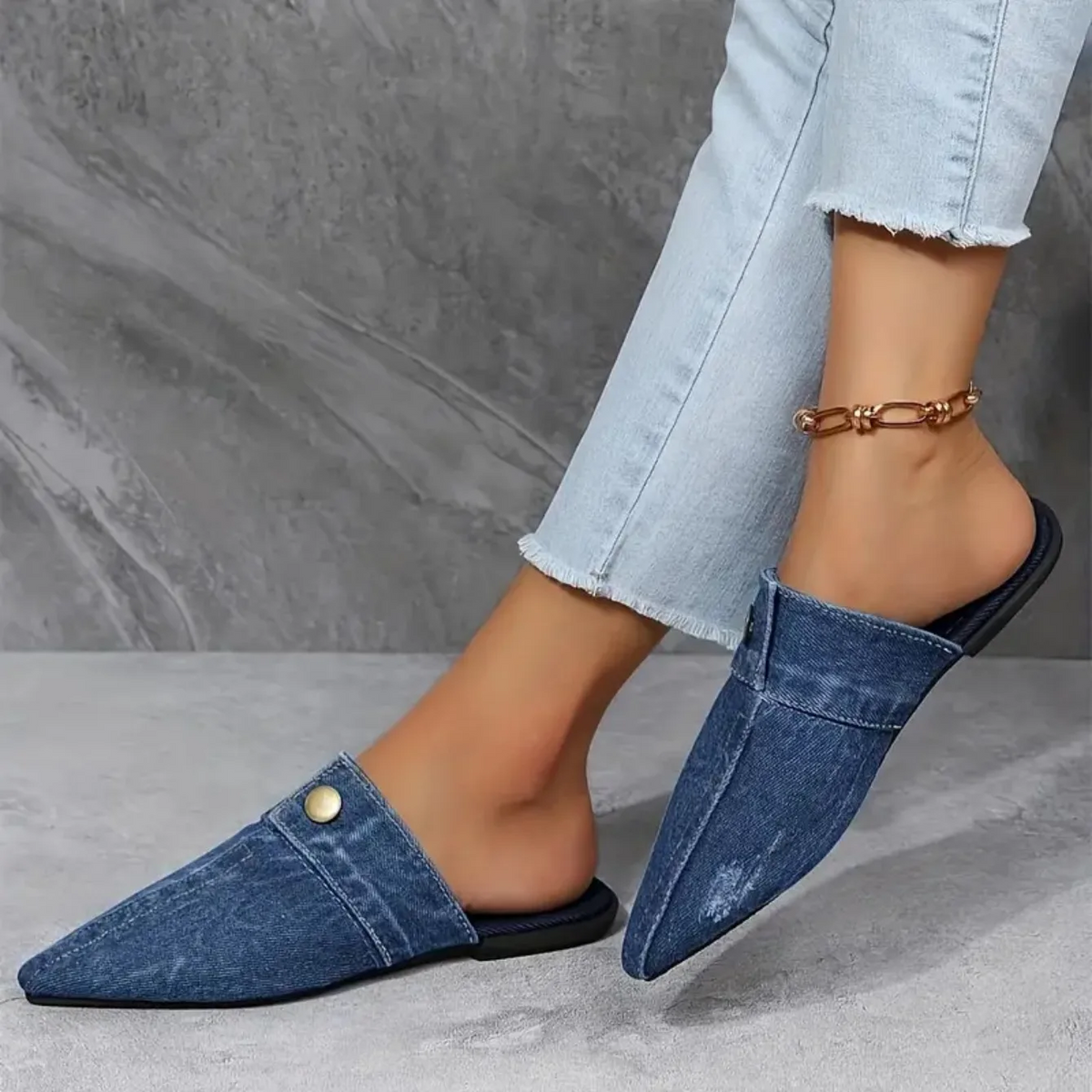 Demi | Women's Pointed Toe Denim Slip On Flat Mule Slides