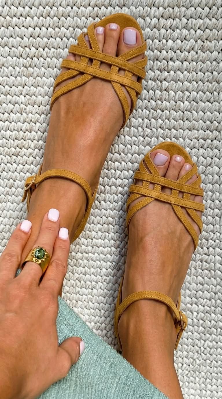 Vintage Tan Suede Multi Strap Ankle Buckle Flat Sandals