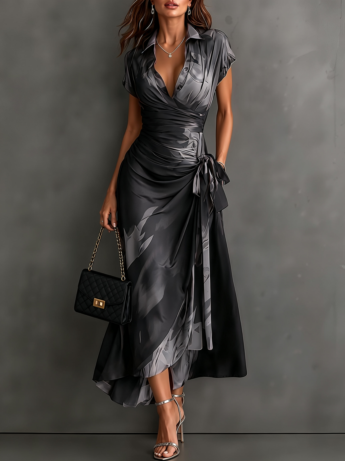 Brown Black Abstract Print Wrap Midi Dress Collared V Neck Short Sleeve Tie Waist Ruffled High‑Low Hem Dress